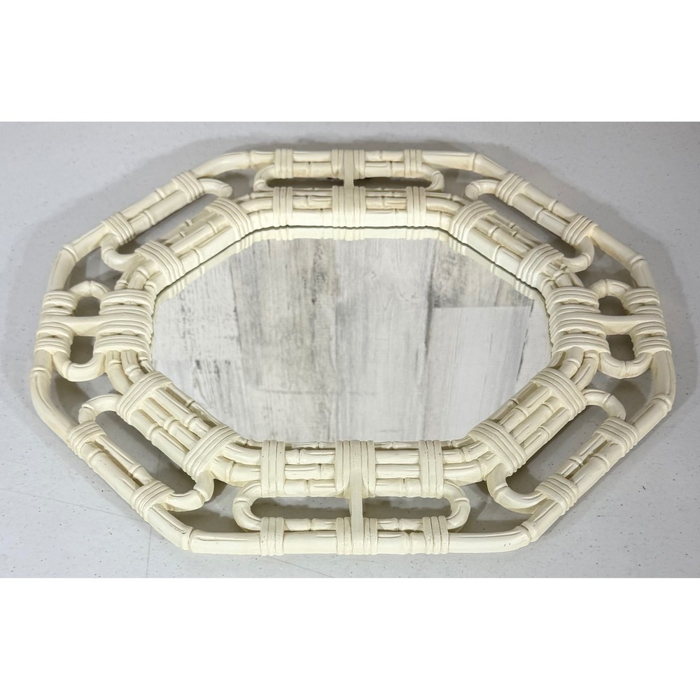 Homco Wall Mirror 17x14 Cream Faux Bamboo Octagon Vintage 1983 USA Boho Cottage